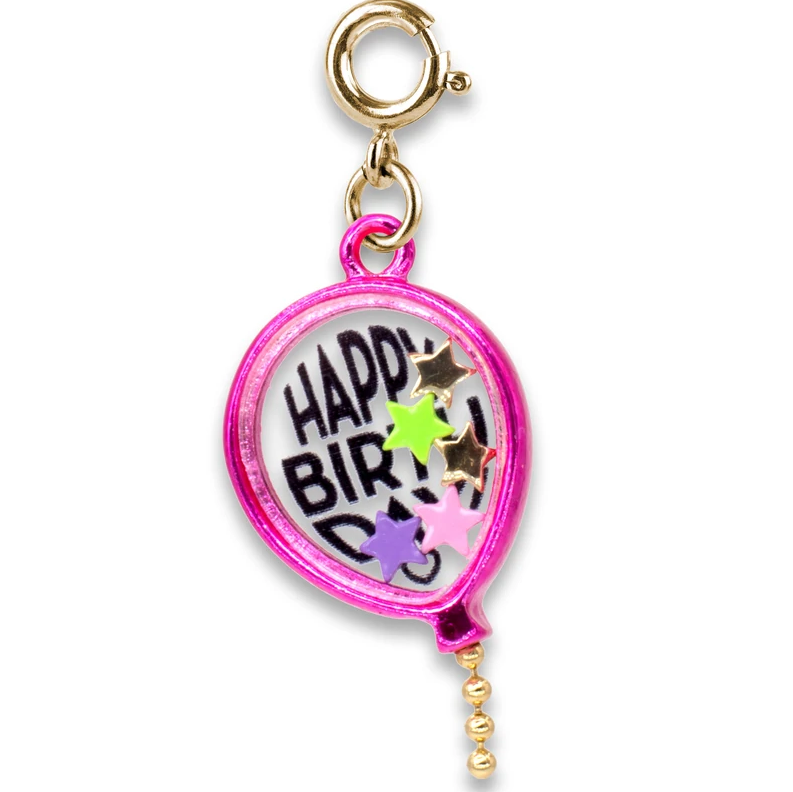 Gold Birthday Balloon Shaker Charm with colorful stars inside a pink balloon pendant for birthdays and celebrations.
