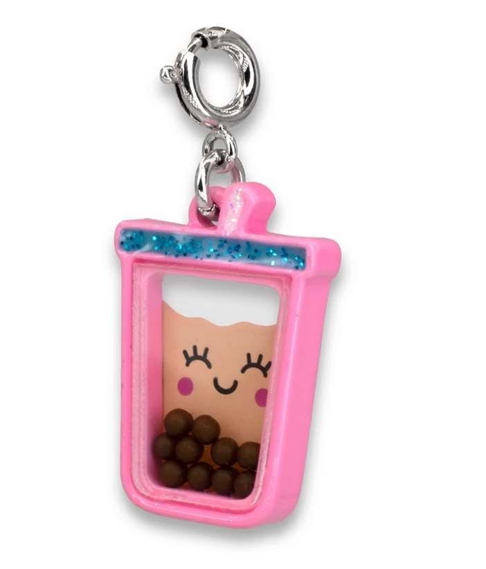 Cute pink Bubble Tea Charm with shaking bubbles inside, smiling face, enamel and acrylic materials charm accessory