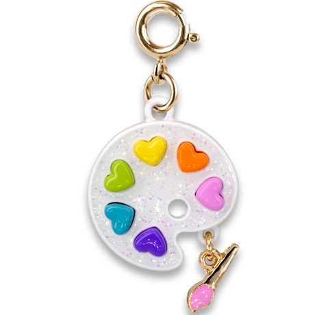 Gold Glitter Paint Charm featuring a heart-shaped paint palette with colorful enamel hearts and a dangling brush.