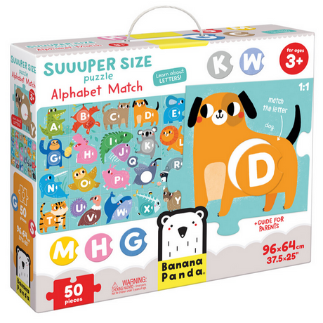 50pc Suuper Alphabet Match Floor Puzzle with colorful animal letter pieces for educational fun and learning letters, ages 3+