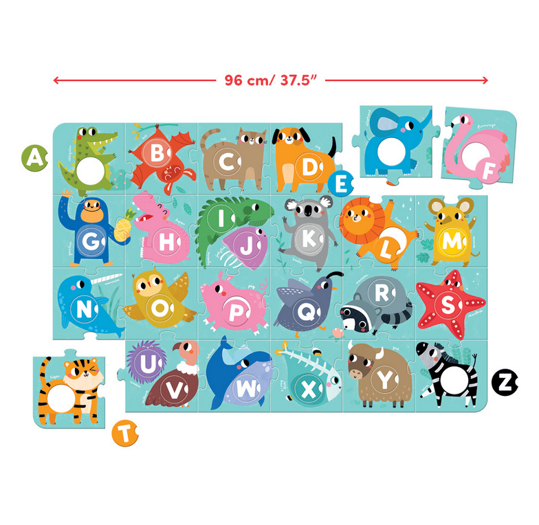 50pc Suuper Alphabet Match Floor Puzzle with colorful animal and letter pieces for educational play and learning the alphabet.