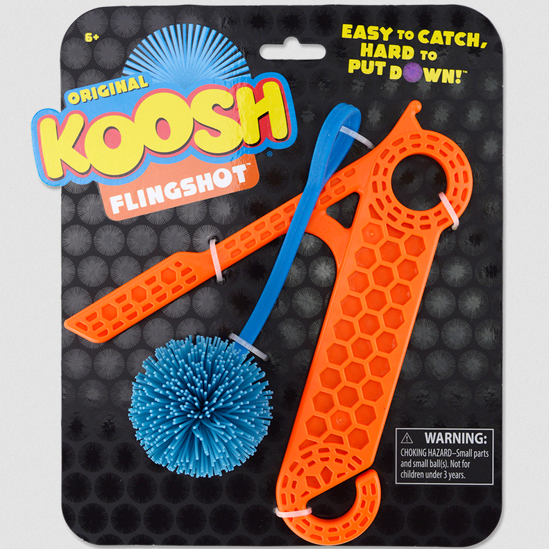 Koosh Flingshot toy with orange slingshot and blue Koosh ball designed for easy catching and outdoor play.