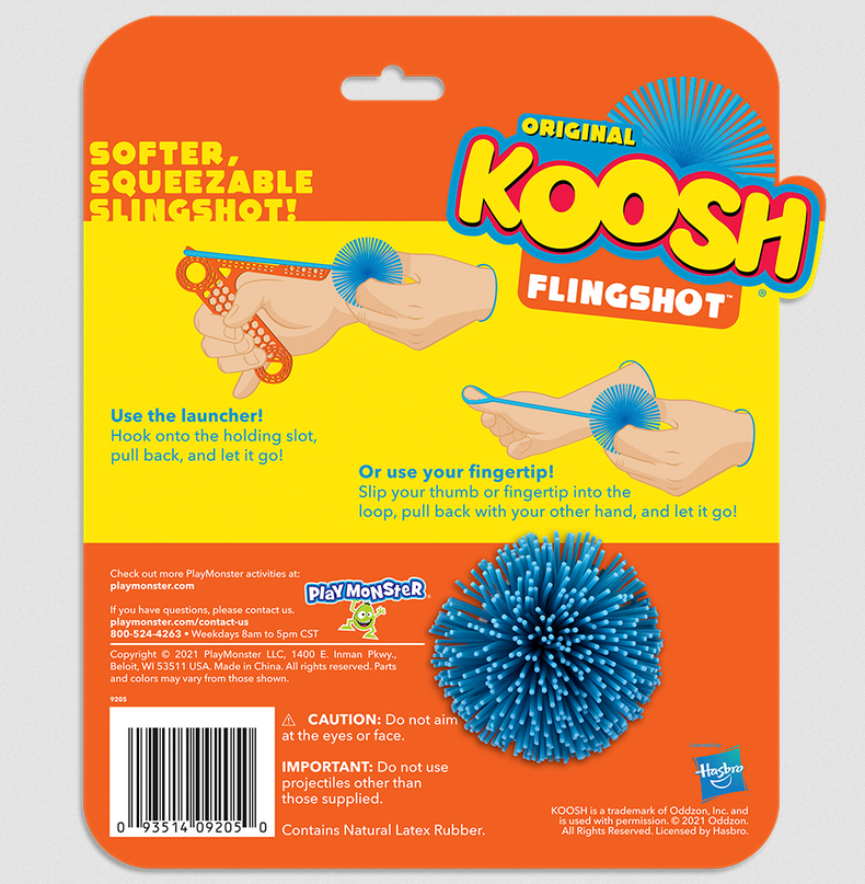 Koosh Flingshot packaging showing instructions for use with launcher or fingertip and a blue Koosh ball.