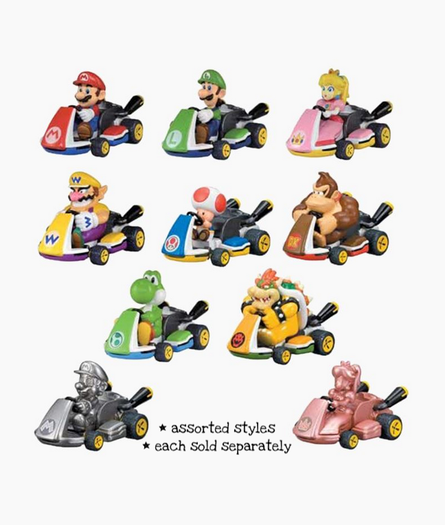 Super MarioKart Pullback Racers featuring assorted characters in colorful karts, sold individually in blind capsules.