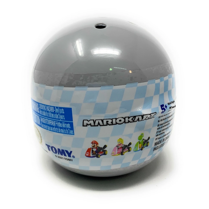Super MarioKart Pullback Racers mystery blind capsule featuring Mario, Peach, and Yoshi collectible toy car.
