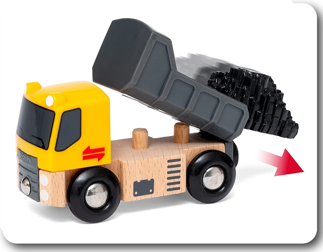 Construction Vehicles wooden tipper truck toy dumping black concrete pile for imaginative play and motor skills.