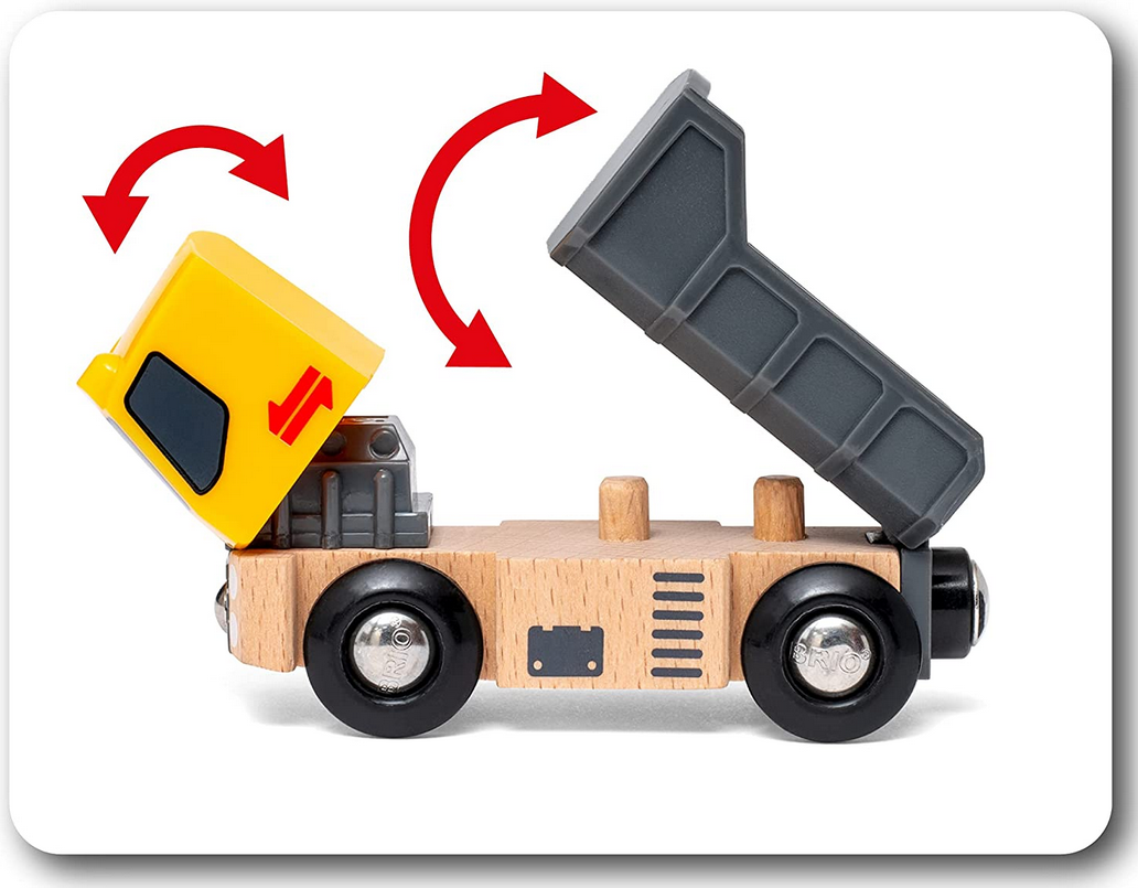 Construction Vehicles wooden toy tipper truck with movable cabin and tipping wagon for imaginative play and motor skills development.