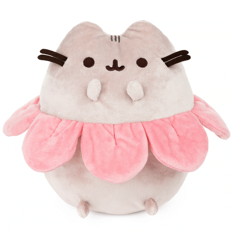 Pusheen Flower Petals plush showing gray cat with pink petal ring sitting upright in high-quality embroidered detail.