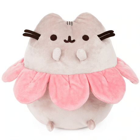 Pusheen Flower Petals plush showing gray cat with pink petal ring sitting upright in high-quality embroidered detail.