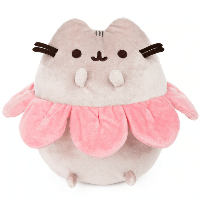 Pusheen Flower Petals plush showing gray cat with pink petal ring sitting upright in high-quality embroidered detail.