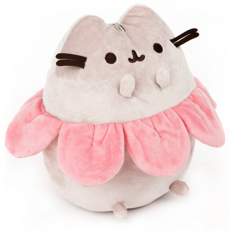 Pusheen Flower Petals plush in sitting pose with pink flower petals around belly, soft and embroidered details visible.