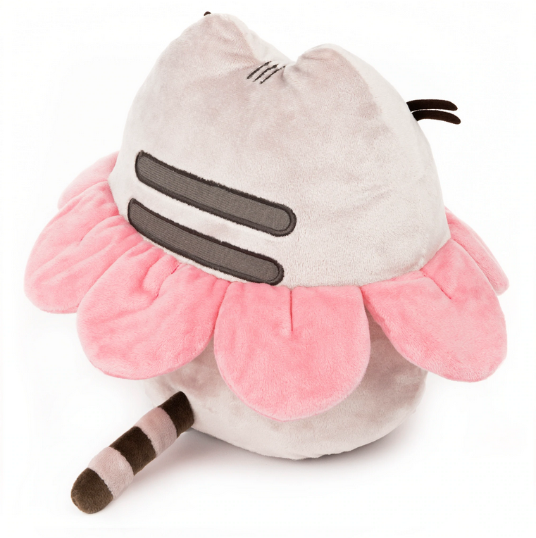 Pusheen Flower Petals plush featuring gray cat with pink petals around belly in embroidered detail, sitting upright.