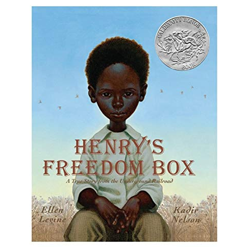 Henry's Freedom Box book cover showing a young boy sitting with a serious expression under a blue sky and award medal.