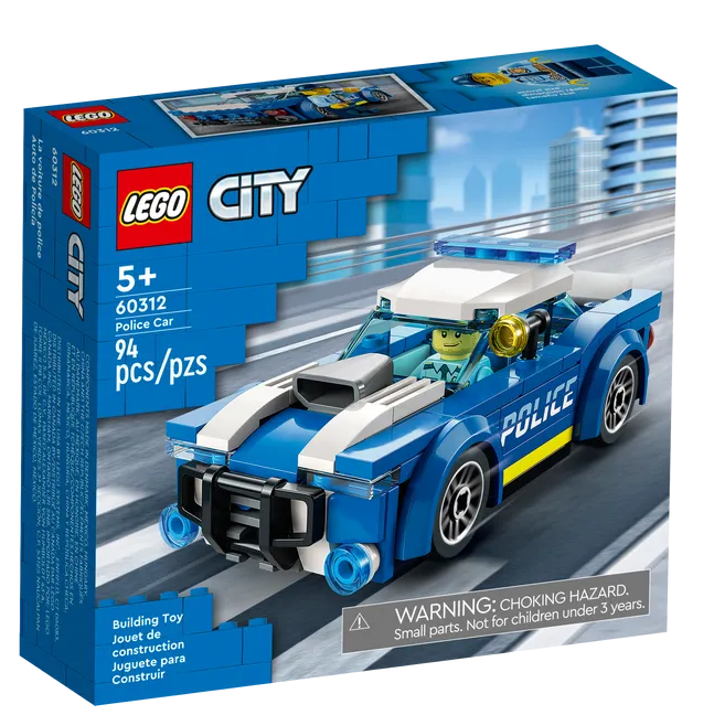 City Police Car LEGO set featuring a sporty blue police patrol car with rims and a police officer minifigure.
