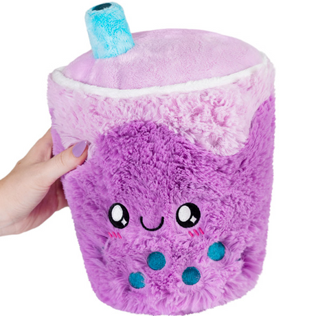 Bubble Tea Mini plush toy in purple with a smiling face and blue boba pearls, soft and squishy for kids ages 3 and up.