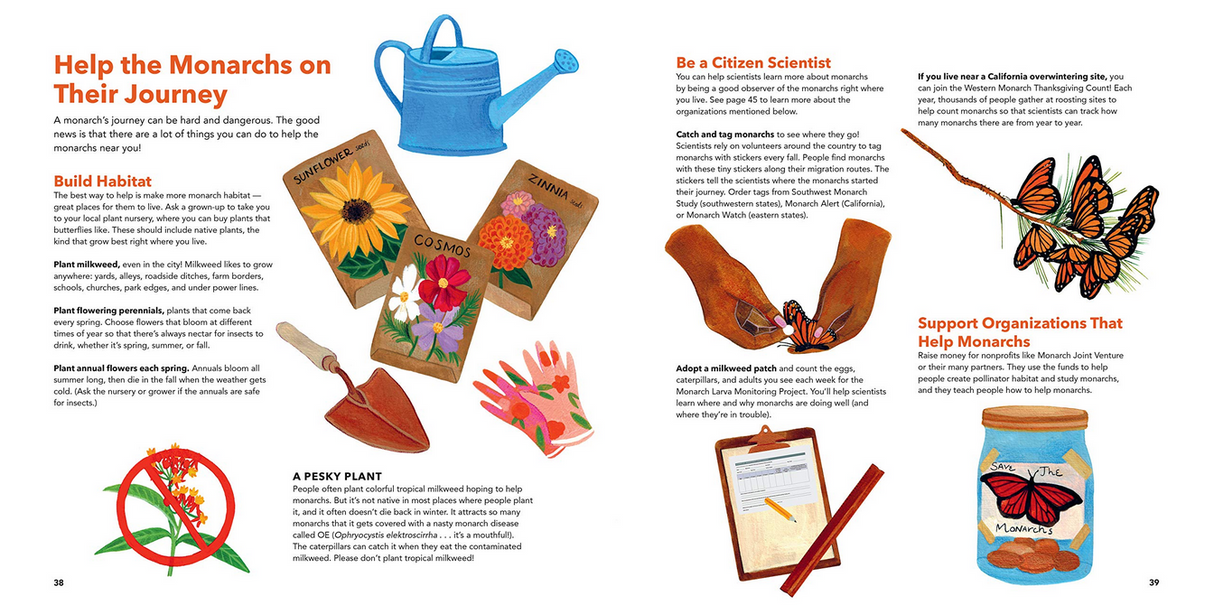 Monarch Butterflies book pages showing how to help monarchs with habitat, citizen science, and support organizations.