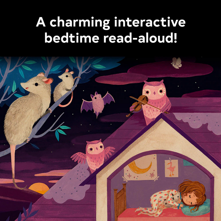 Moonlight Prance shows a child sleeping as nocturnal animals like owls, bats, and mice play at night.