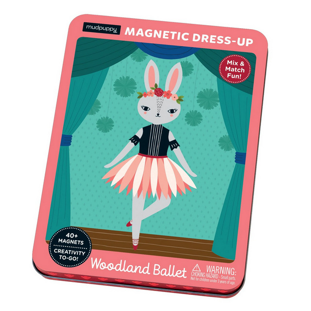 Magnetic Woodland Ballet Set featuring a tin package with illustrated woodland ballerina and mix & match magnetic dress-up pieces.