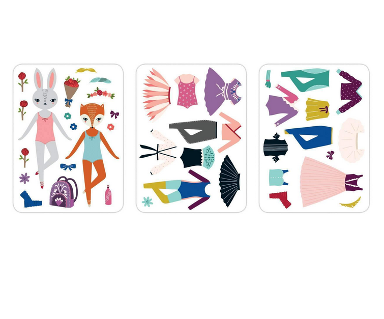 Magnetic Woodland Ballet Set showing three sheets of colorful clothing and accessory magnets for woodland ballerinas.