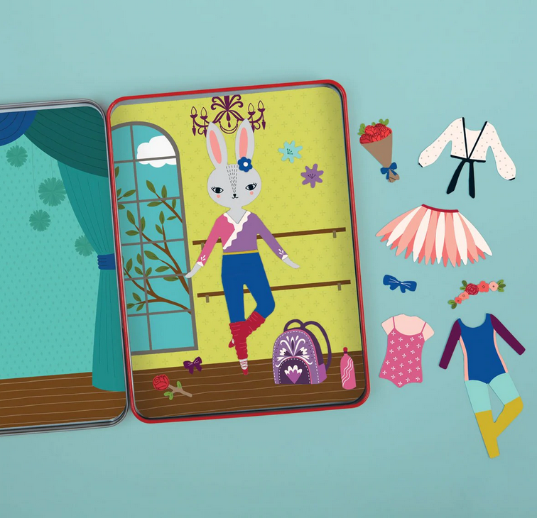 Magnetic Woodland Ballet Set with illustrated bunny ballerina and mix & match clothing magnets in a hinged tin for imaginative play.