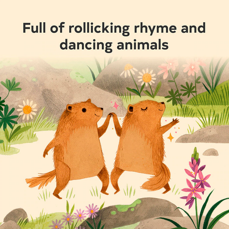 Sunrise Dance showing two bear cubs dancing among flowers and rocks with playful morning animals.