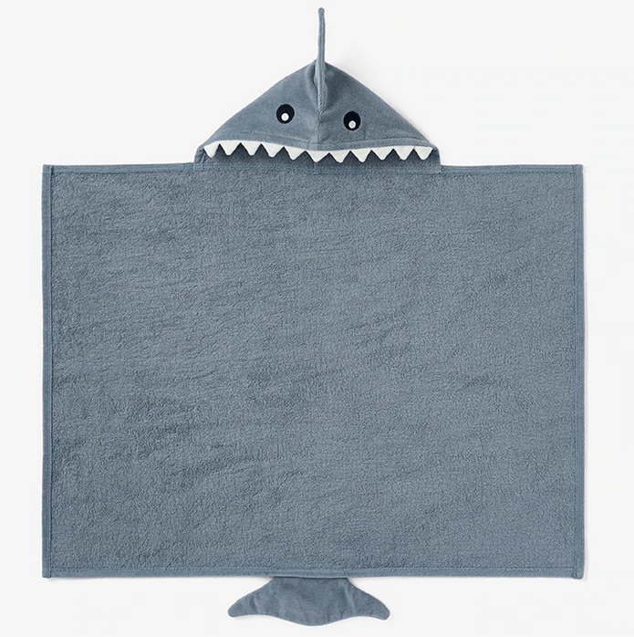 Hooded Bath Towel Shark in gray cotton terry with shark face hood and tail for cozy baby bath wrap comfort.