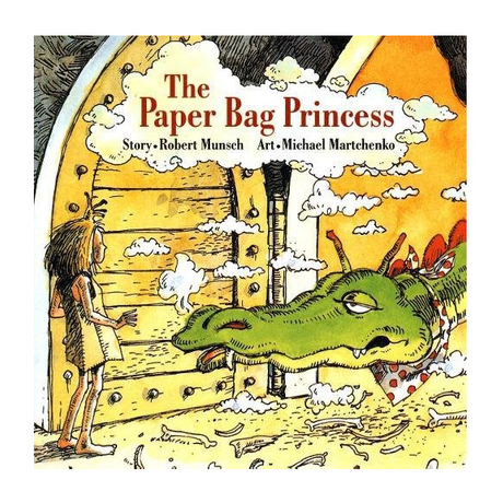 The Paper Bag Princess book cover showing Princess Elizabeth confronting a green dragon near a castle door.
