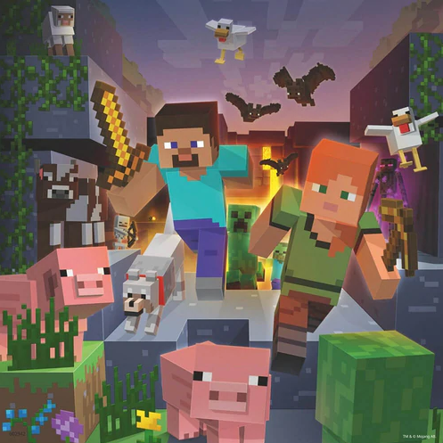 49pc Minecraft Biomes Puzzles showing Minecraft characters Steve and Alex with animals and creepers in a blocky landscape.