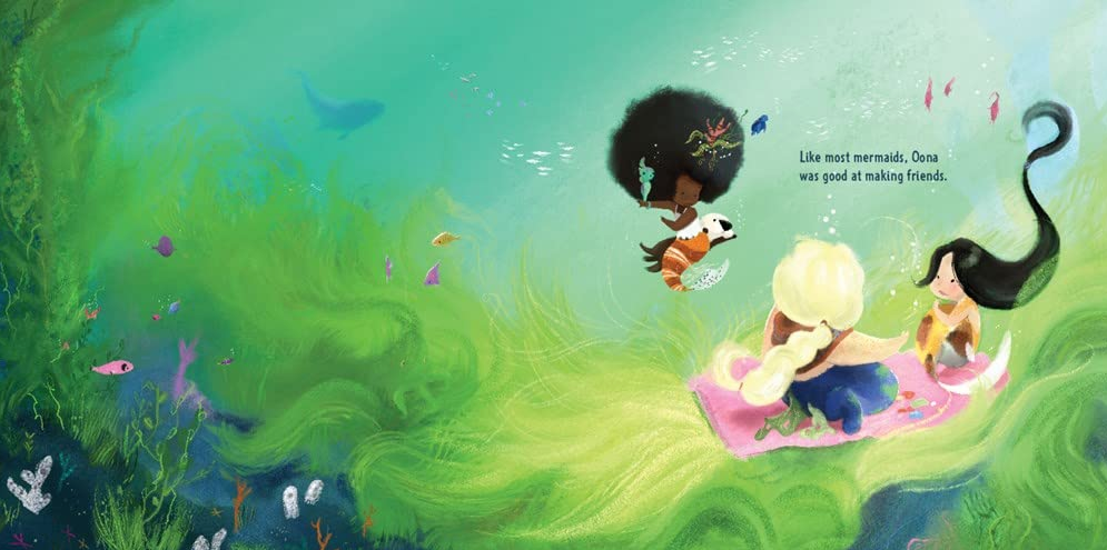 Oona and the Shark shows Oona the mermaid playing with friends under the sea on a colorful seaweed background.