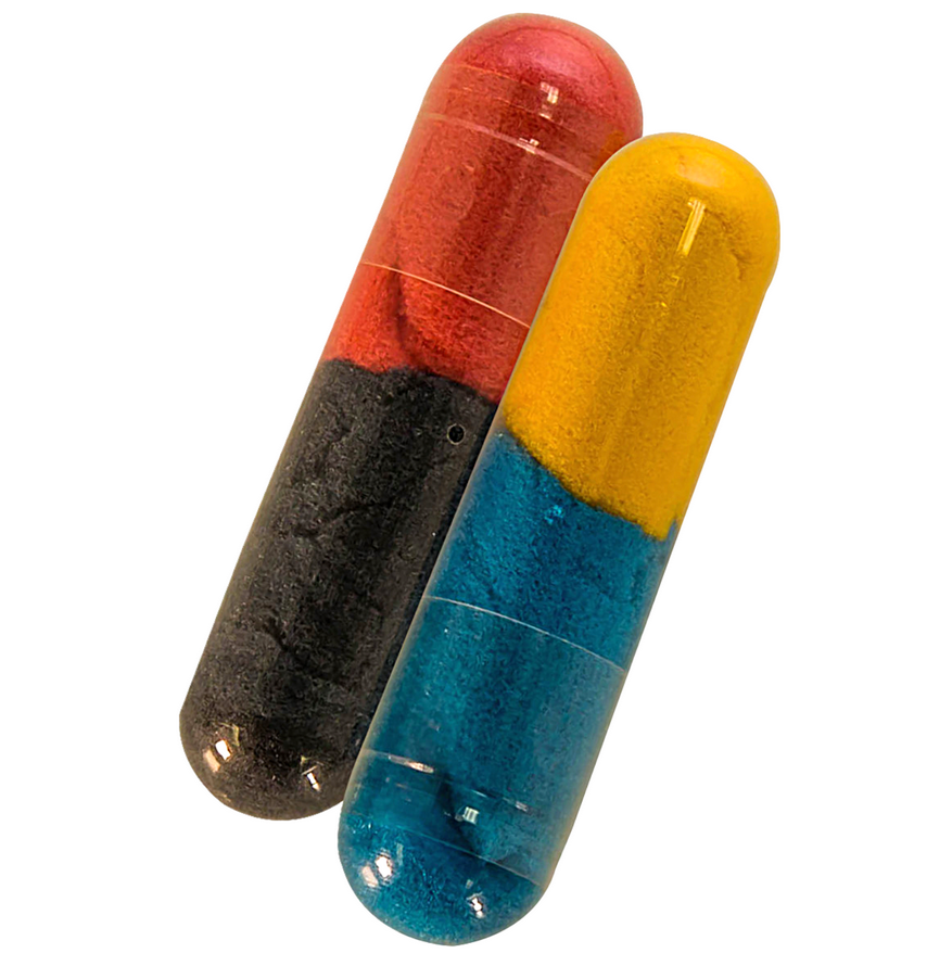 Two colorful Bath Beans Bugs capsules containing sponge toys, shown against a plain white background.