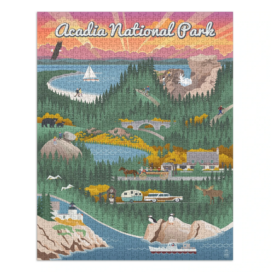 1000pc Retro Acadia Puzzle featuring colorful, detailed Acadia National Park artwork with interlocking pieces and eco-friendly inks.