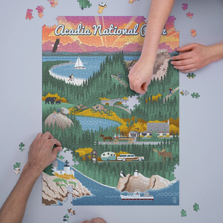 1000pc Retro Acadia Puzzle featuring colorful, detailed Acadia National Park artwork, easy interlocking pieces, and eco-friendly print.