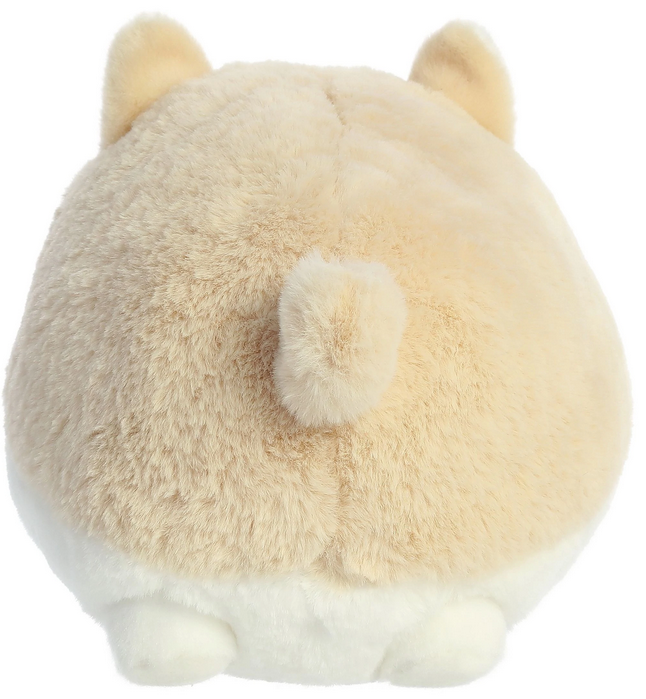 Cream Pom Teddy Pet showing the back view of a round, soft, cream and white plush dog with ears and tail.