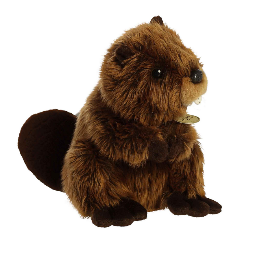 Beaver plush toy with soft brown fur, realistic features, and sweet expression, perfect for hugging and cuddling.