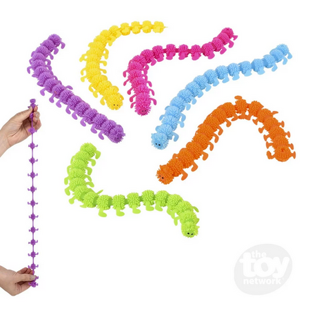 Stretchy Colorful Caterpillar fidget toy in bright assorted colors with multiple legs, held stretched by hands.