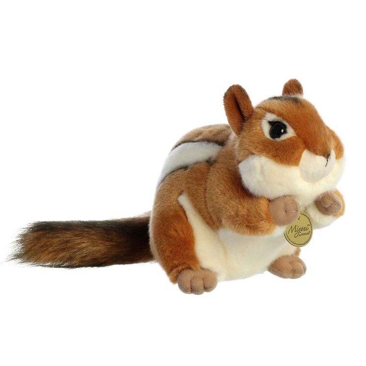 Chipmunk plush with realistic light brown coat, white stripes, soft fluffy fur, and lovable facial expression, 9 inches tall.