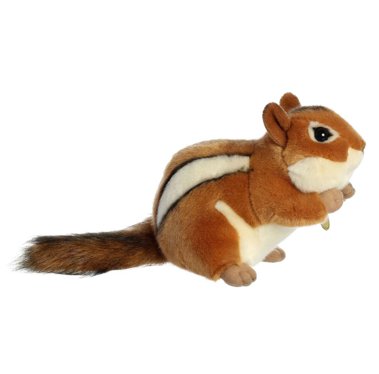 Chipmunk plush with realistic light brown coat and white stripes, soft and fluffy, 9-inch lovable stuffed animal.
