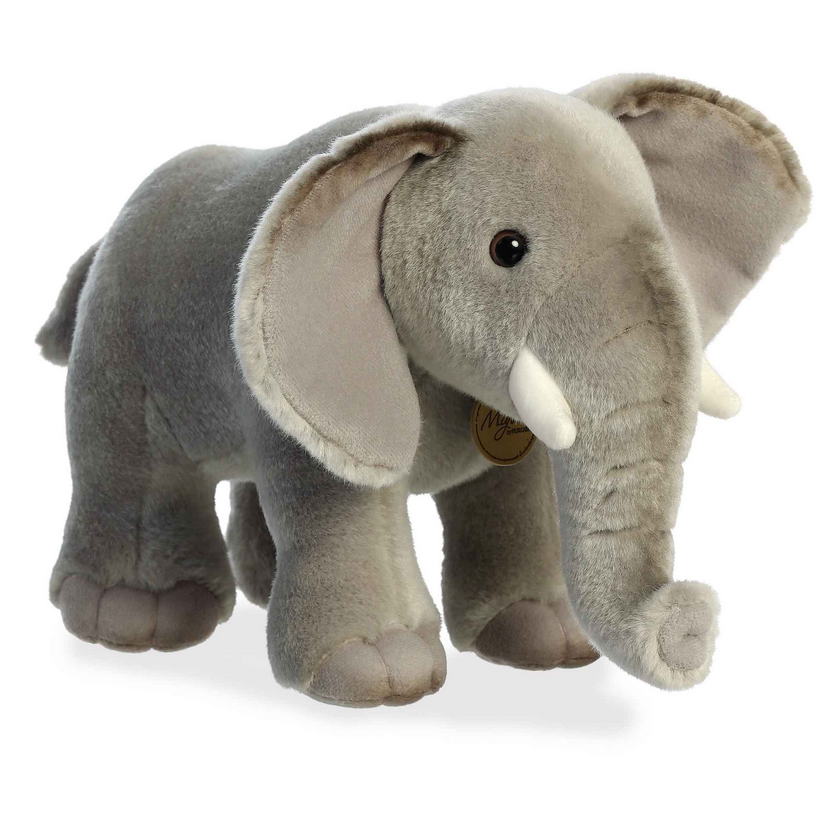 African Elephant plush with soft grey fur, large ears, small tusks, and a friendly, realistic design.