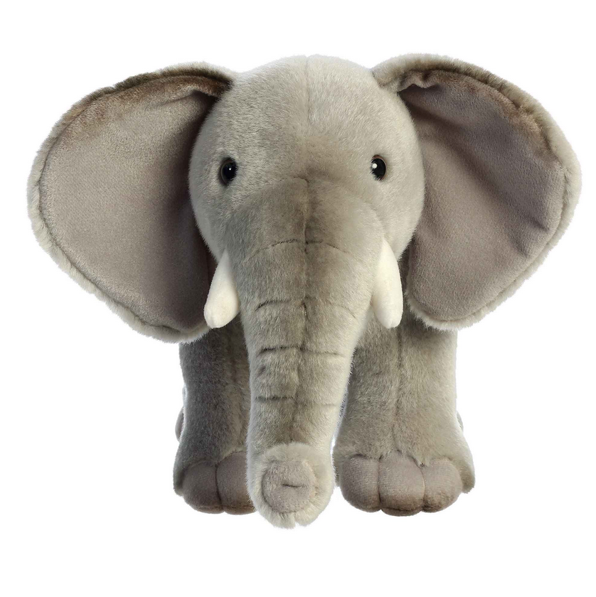 African Elephant plush with grey soft body, large floppy ears, small tusks, and realistic adorable design.