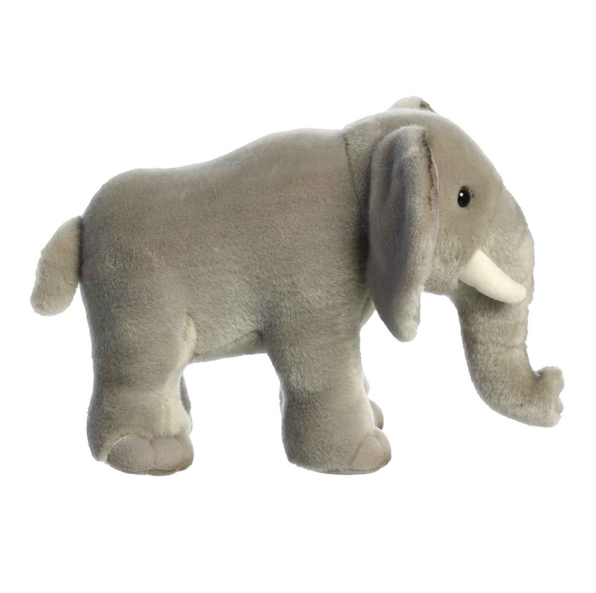 African Elephant plush featuring a soft grey body, small tusks, large ears, and a realistic, adorable design.