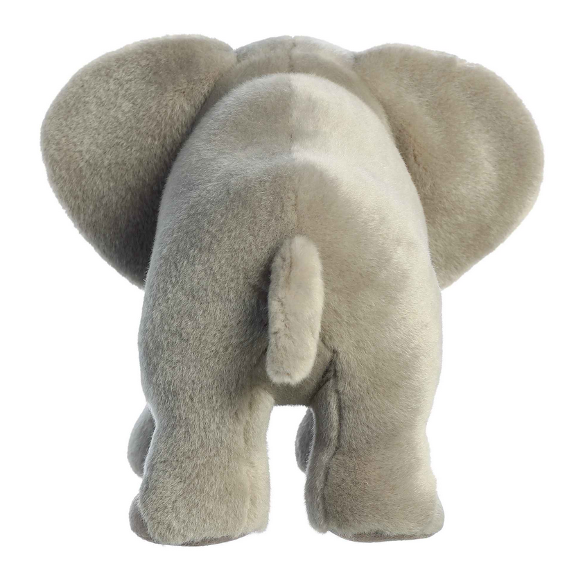 African Elephant plush toy showing soft grey fur, large floppy ears, and small tail, measuring 12 inches in size.