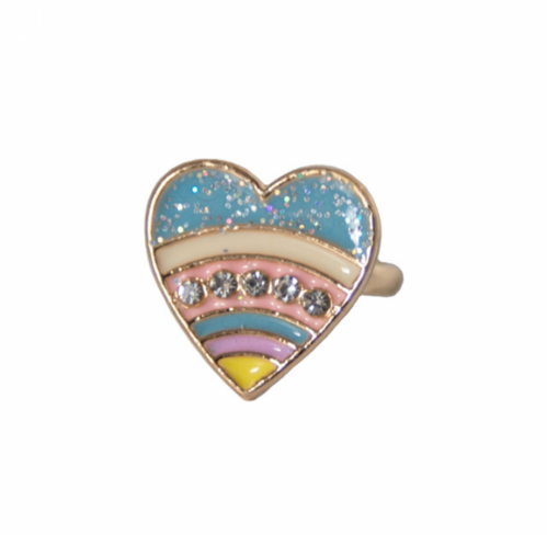 Rainbow Ring featuring a heart-shaped design with colorful stripes and sparkling rhinestones on an adjustable band.