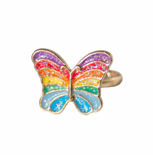 Rainbow Ring featuring a colorful butterfly design with glitter accents, adjustable for a fun and stylish accessory.