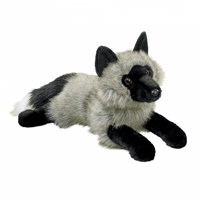 Silver Fox Sterling plush with silvery gray fur, black legs, and alert ears, lying down in a floppy pose.