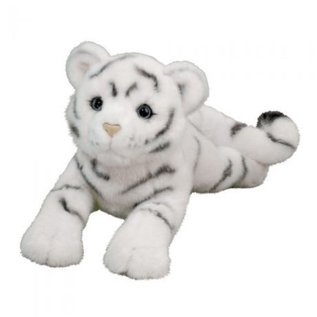 White Tiger Zahara plush toy with soft white fur, gray stripes, and blue eyes in a lying pose.