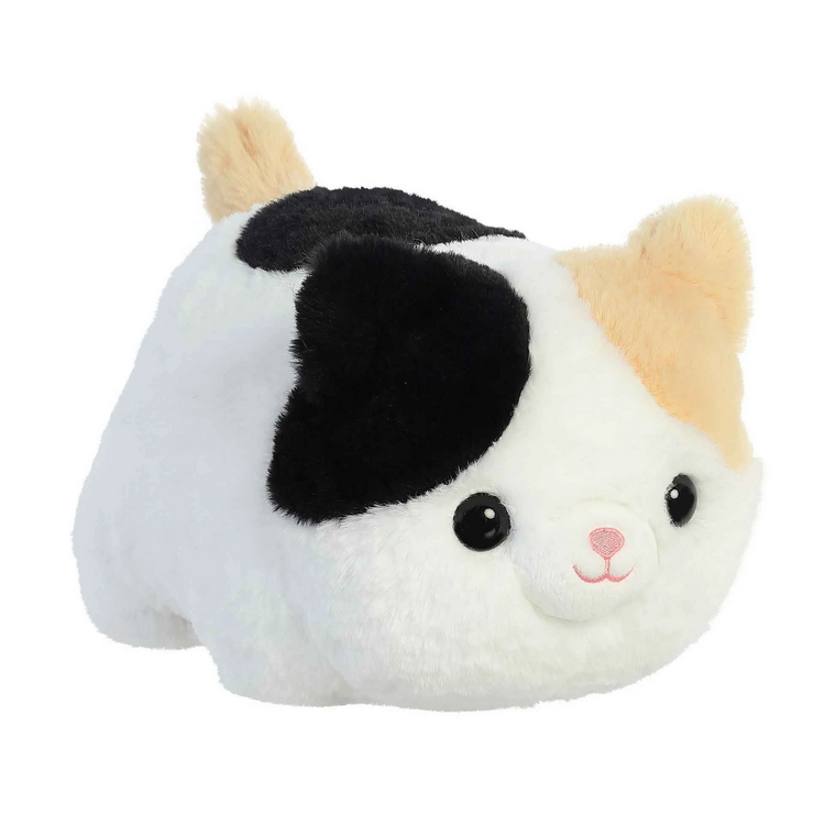 Soft and fluffy Spudster Cat Callie plush, tricolored calico cat with round body and triangular ears, 10 inches tall.