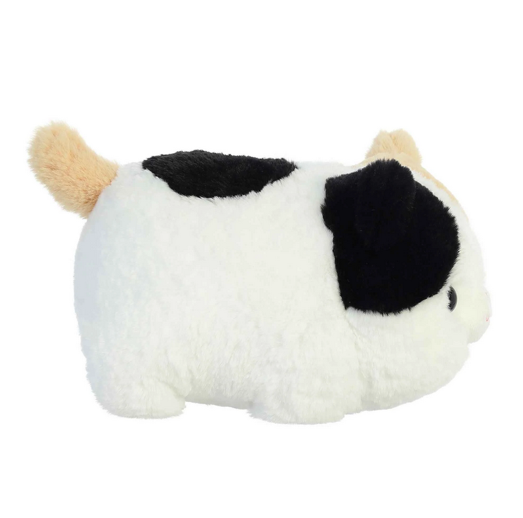 Spudster Cat Callie plush toy, soft and fluffy tricolored calico cat with round body, 10-inch cute potato-shaped plush.