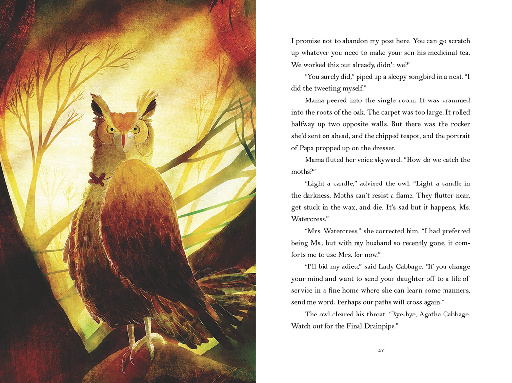 Cress Watercress book illustration featuring a wise owl in a glowing forest scene from the woodland animal tale.
