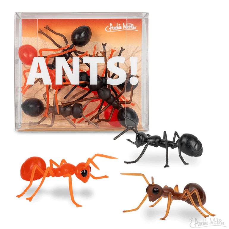 Ants! set with six giant vinyl ants in three shades perfect for pranks and outdoor fun on kitchen counters or picnics.