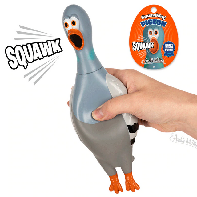 Hand squeezing the 10-inch long Squawking Pigeon toy producing a loud squawk sound for humor and fun.